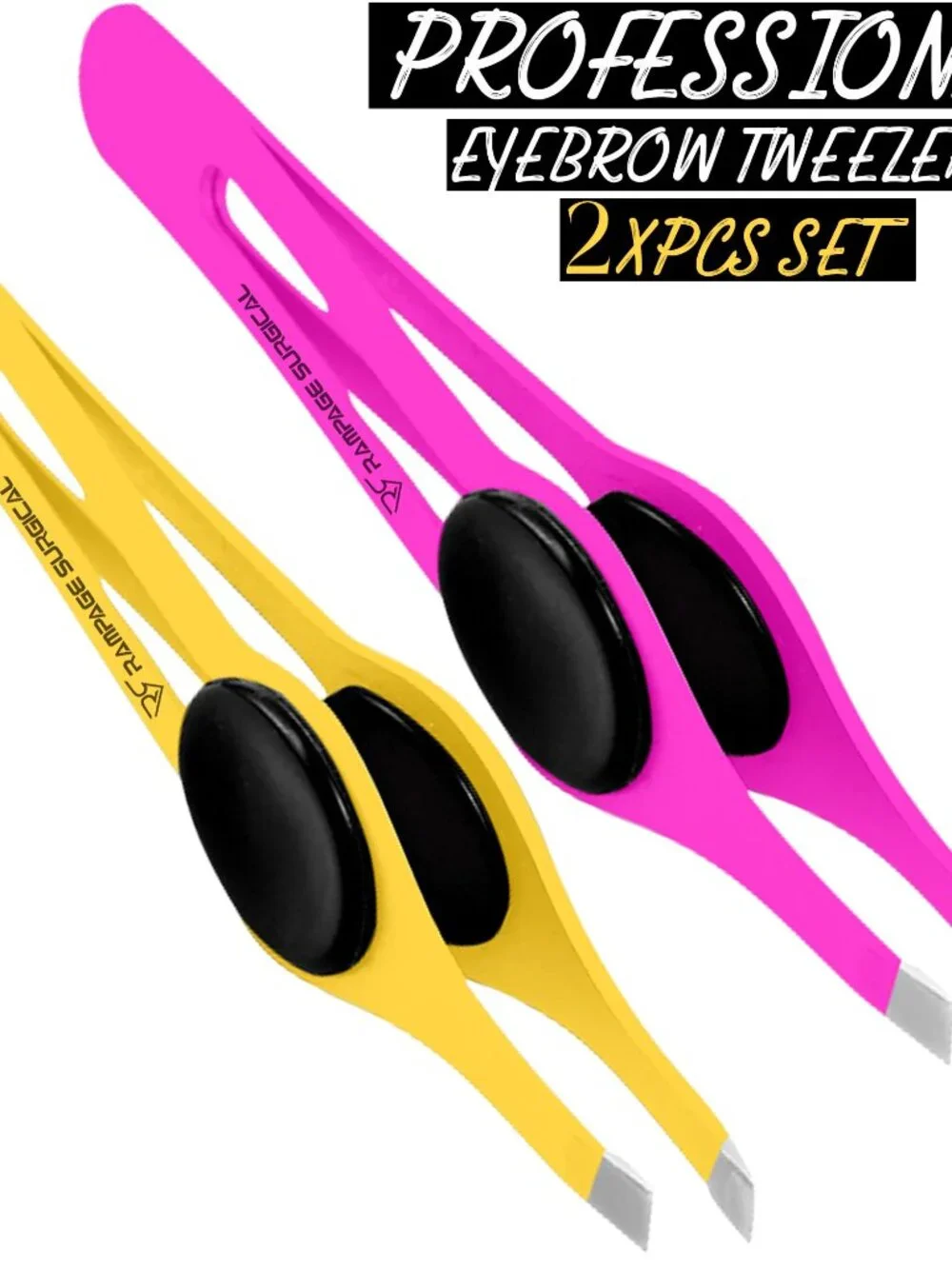 Professional Eyebrow Tweezers Slanted Tip Stainless Steel 2,3xPcs Set, Non-Slip